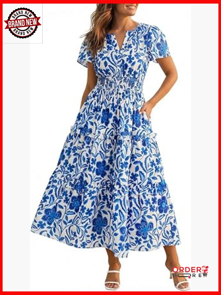 Short Sleeve Maxi Dress Casual V Neck Smocked Tiered Flowy Boho